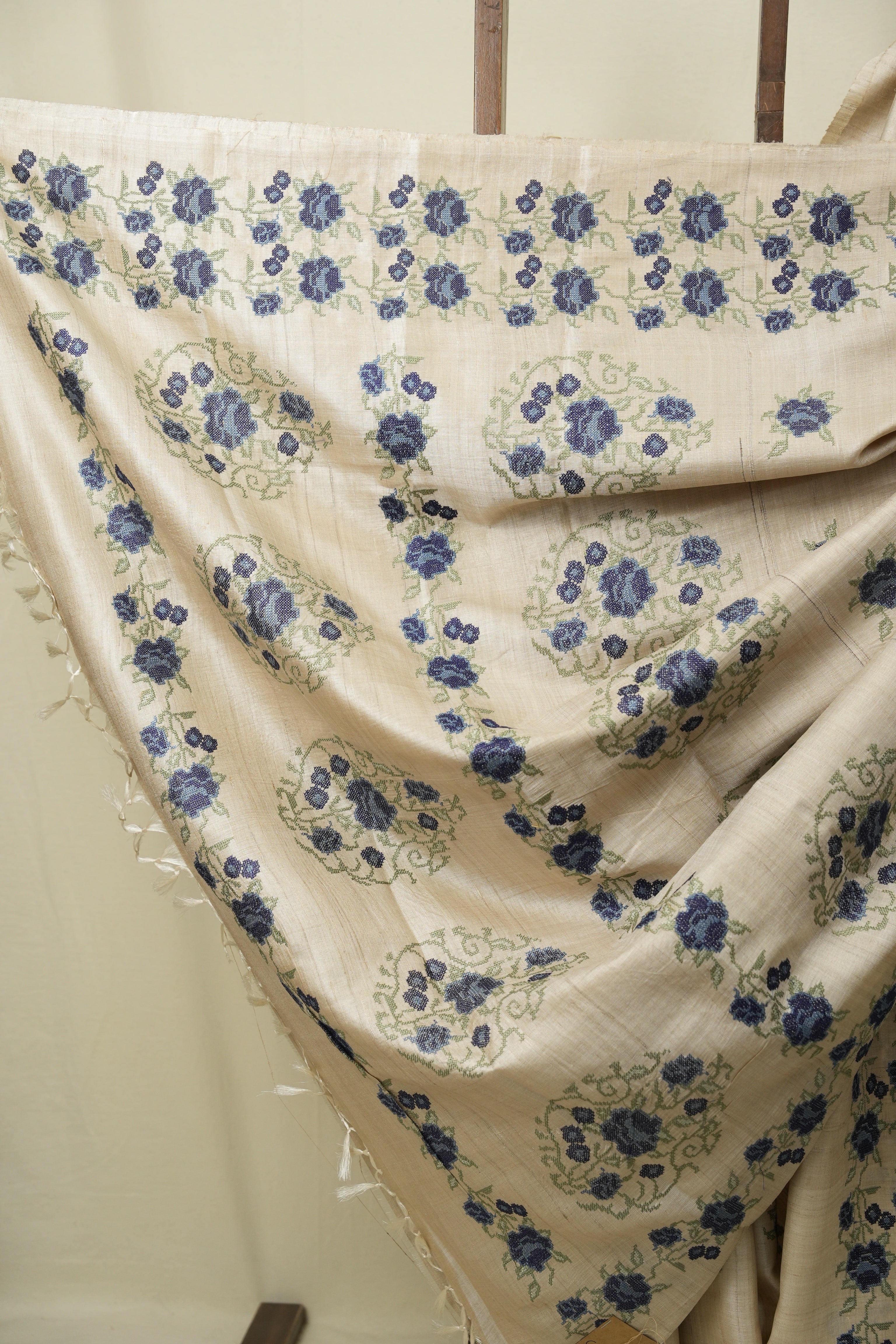 Off White Machine Embroidered Tussar Silk Saree - SROWMETSS1575