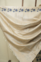 Off White Machine Embroidered Tussar Silk Saree - SROWMETSS1575