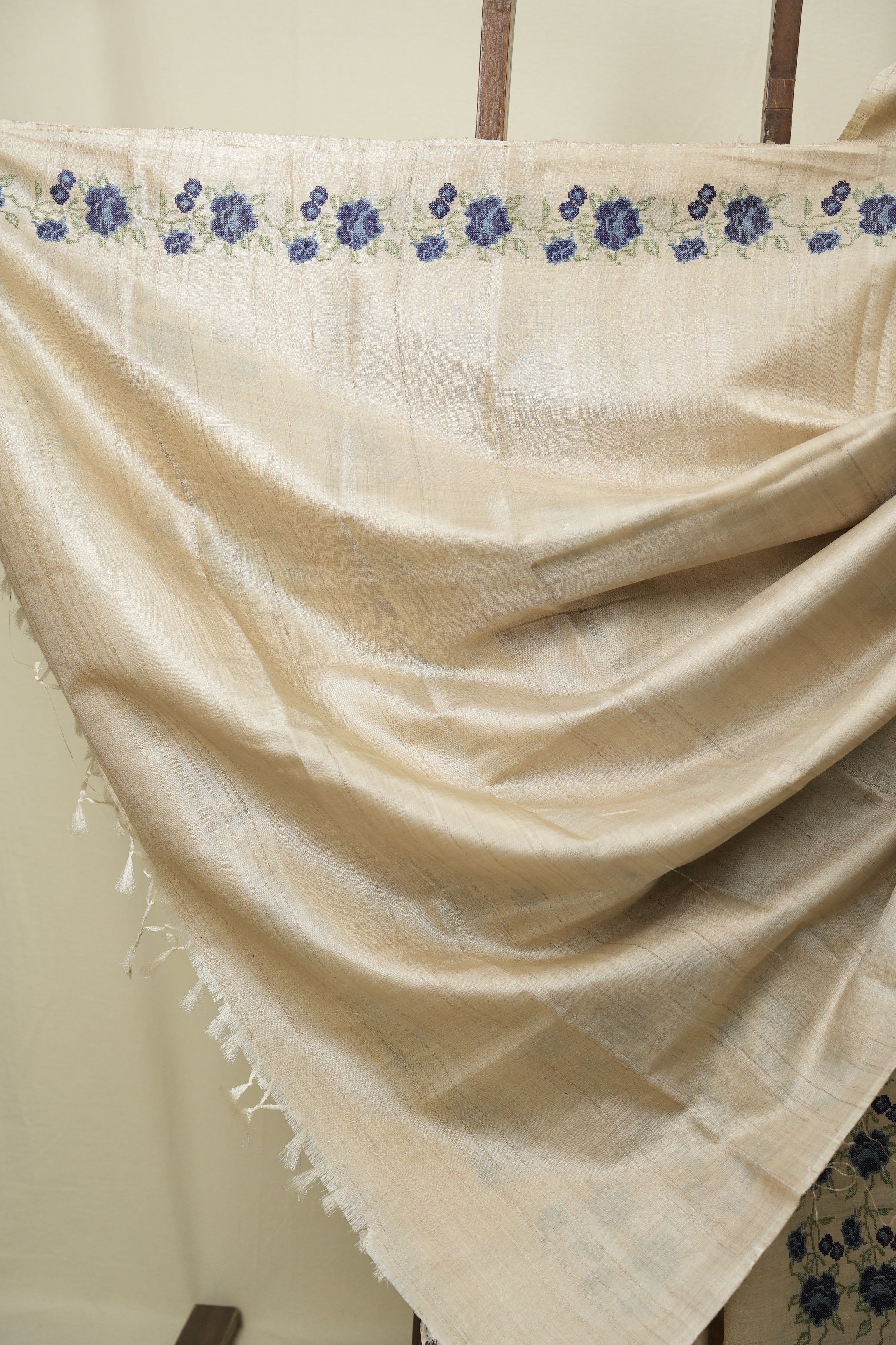 Off White Machine Embroidered Tussar Silk Saree - SROWMETSS1575