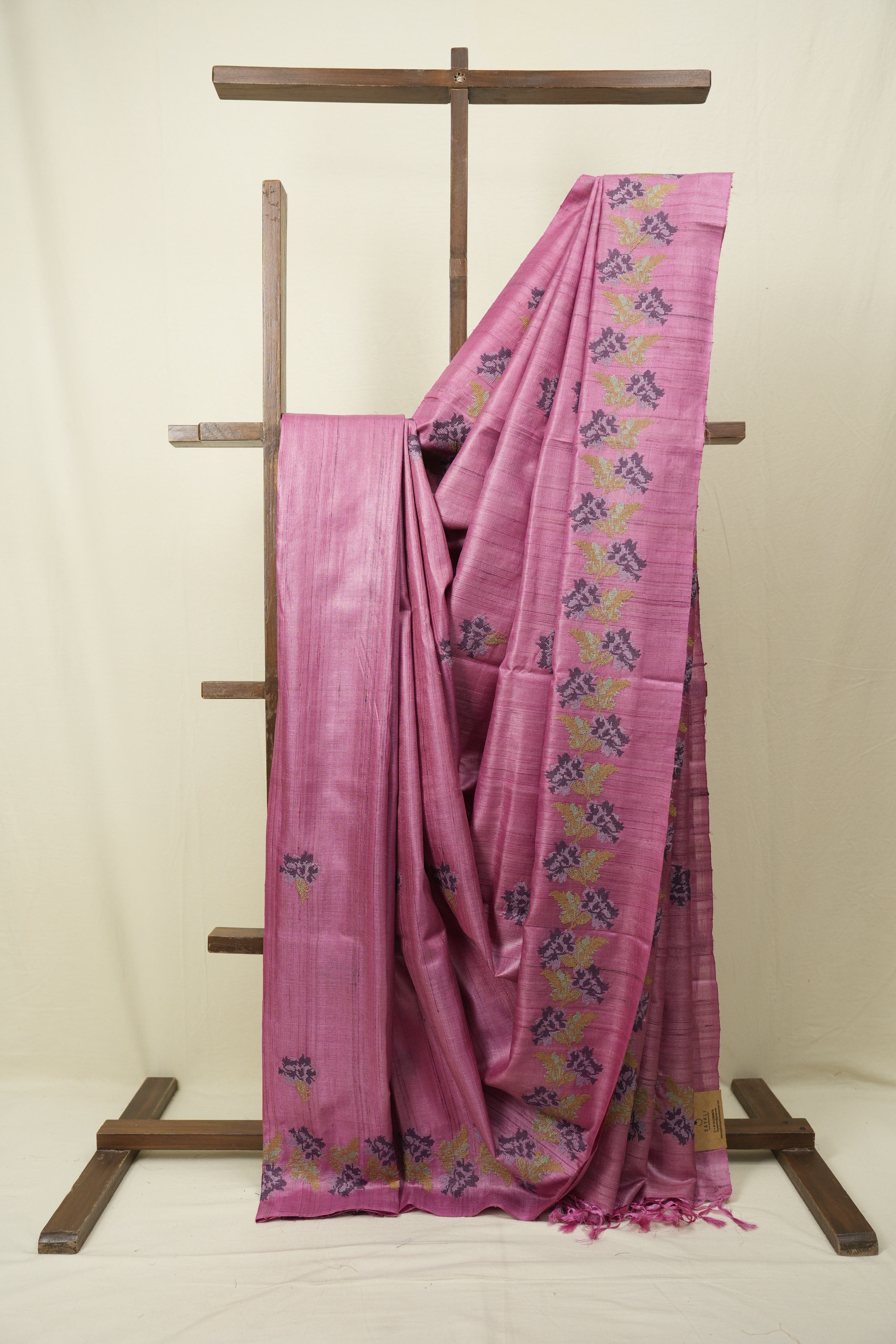 Onion Pink Machine Embroidered Tussar Silk Saree - SROPMETSS1564