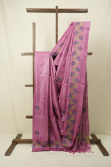 Onion Pink Machine Embroidered Tussar Silk Saree - SROPMETSS1564