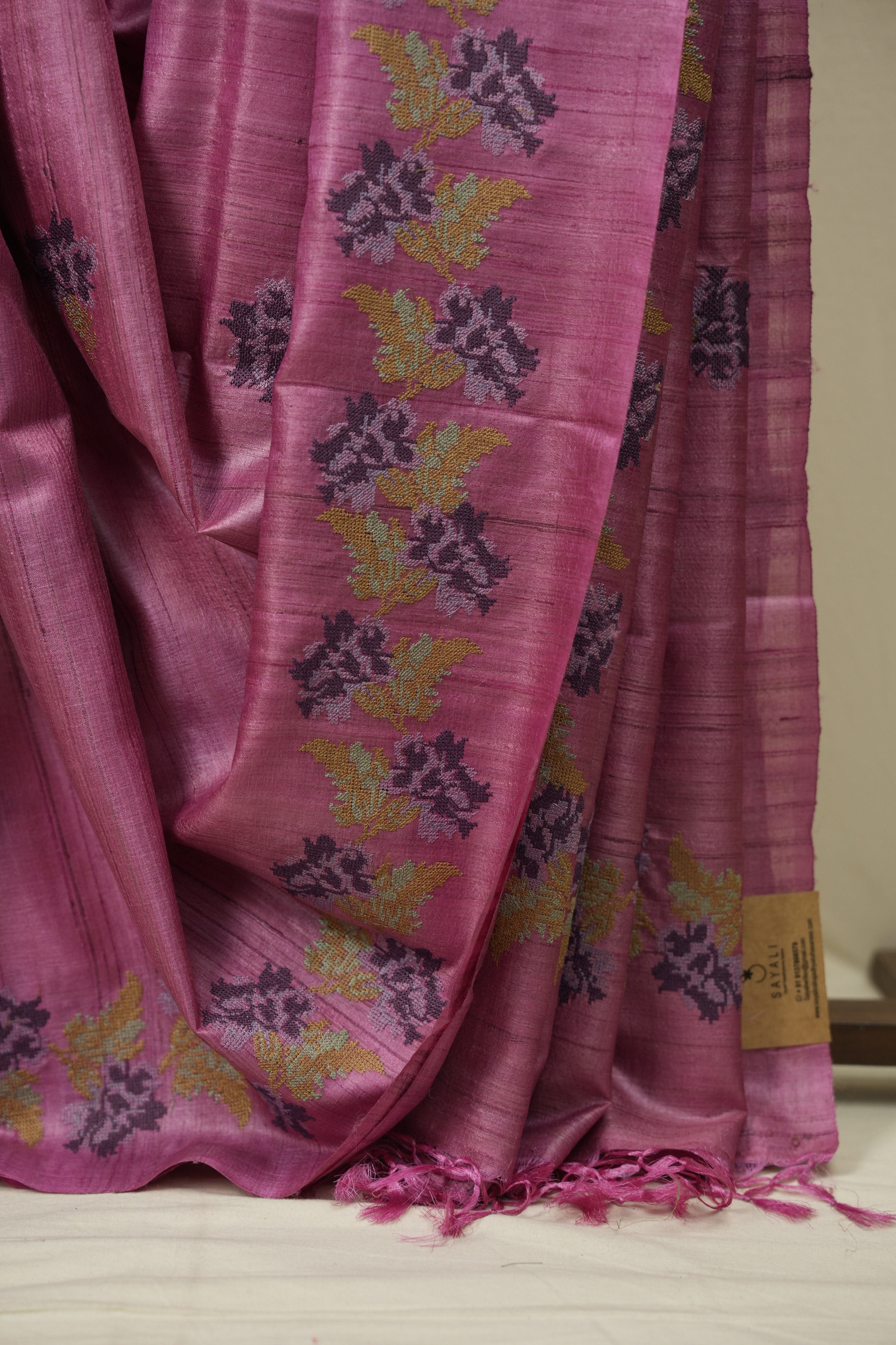 Onion Pink Machine Embroidered Tussar Silk Saree - SROPMETSS1564
