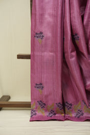 Onion Pink Machine Embroidered Tussar Silk Saree - SROPMETSS1564