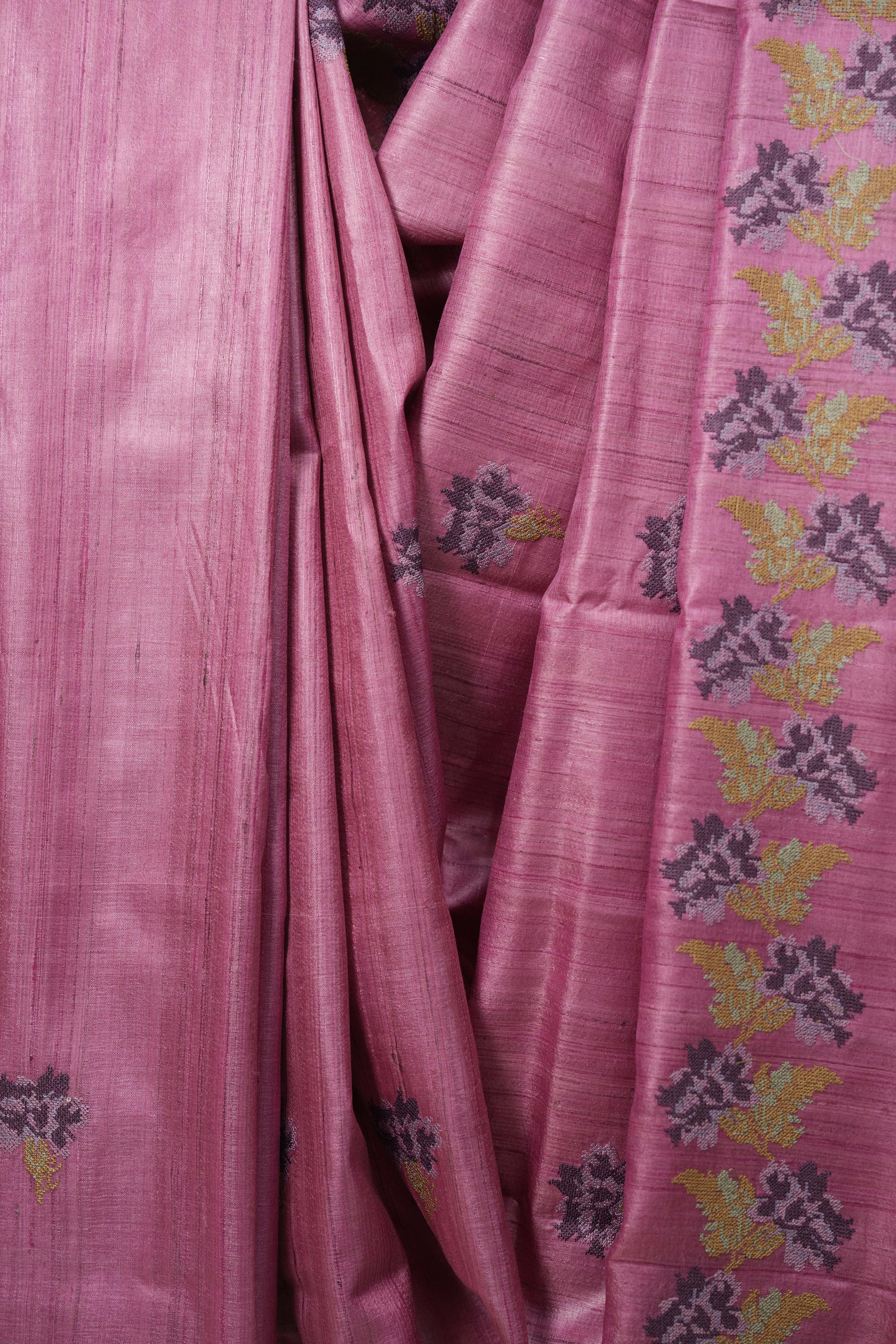 Onion Pink Machine Embroidered Tussar Silk Saree - SROPMETSS1564