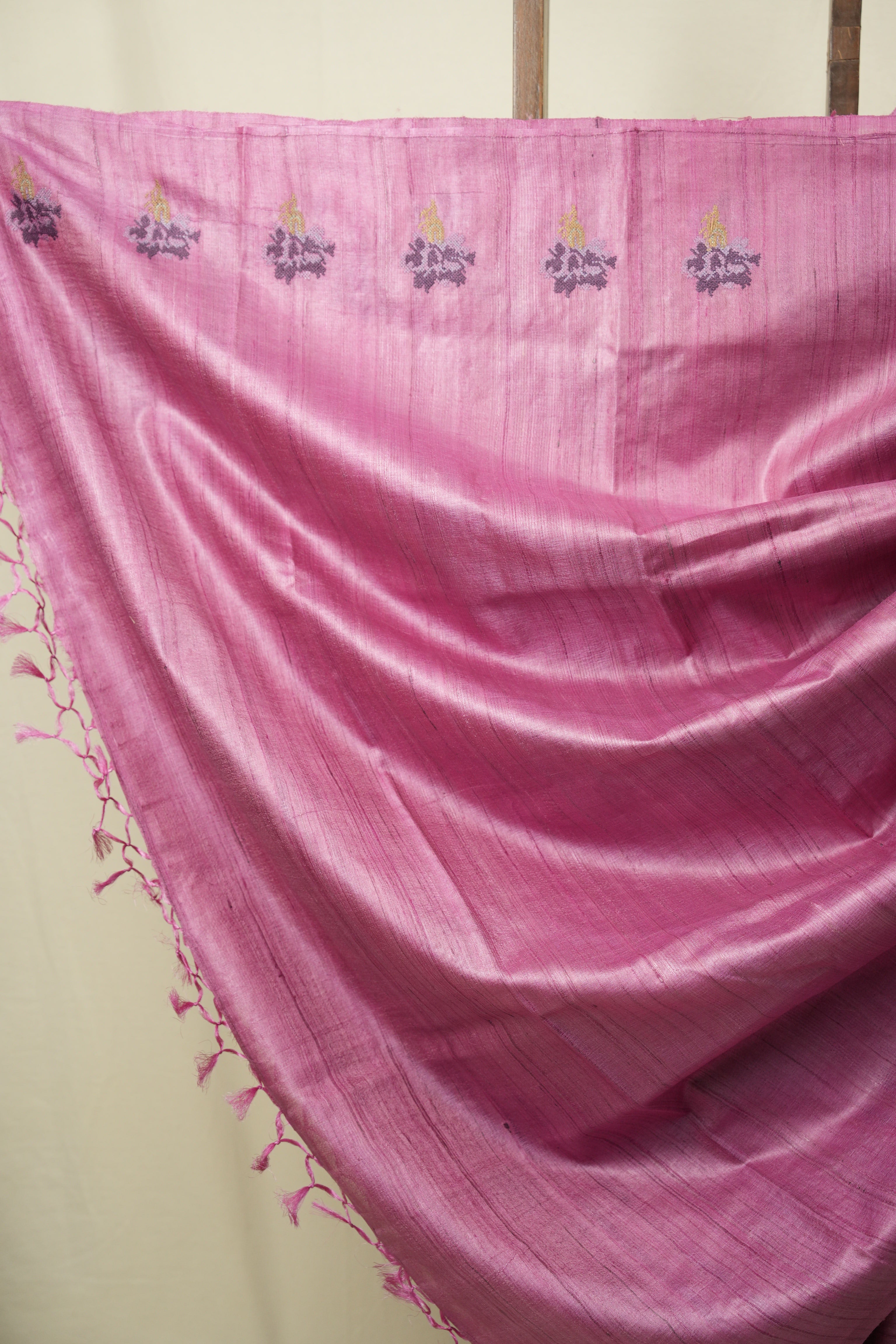 Onion Pink Machine Embroidered Tussar Silk Saree - SROPMETSS1564