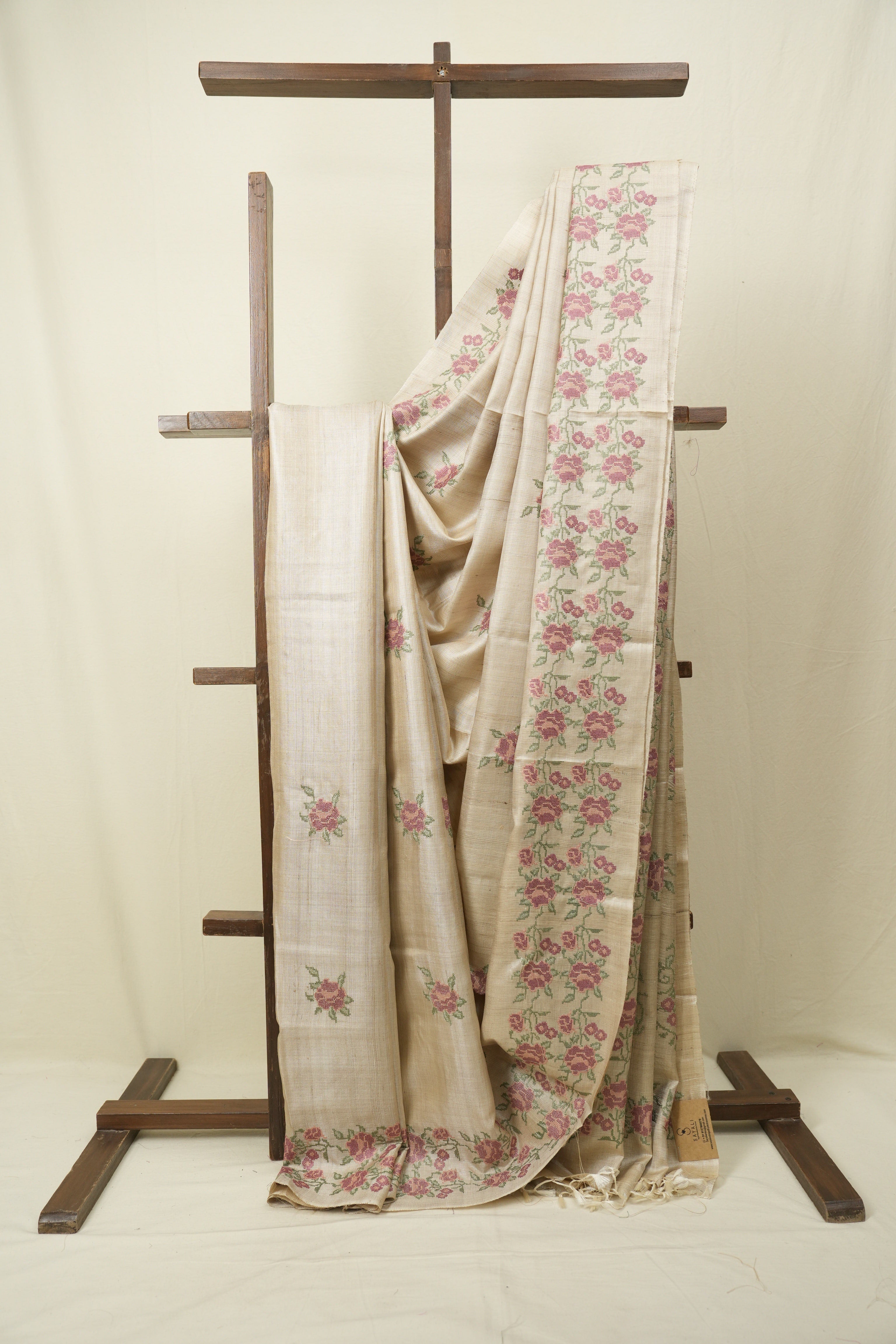 Cream Machine Embroidered Tussar Silk Saree - SRCMETSS1569