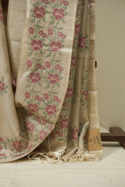 Cream Machine Embroidered Tussar Silk Saree - SRCMETSS1569