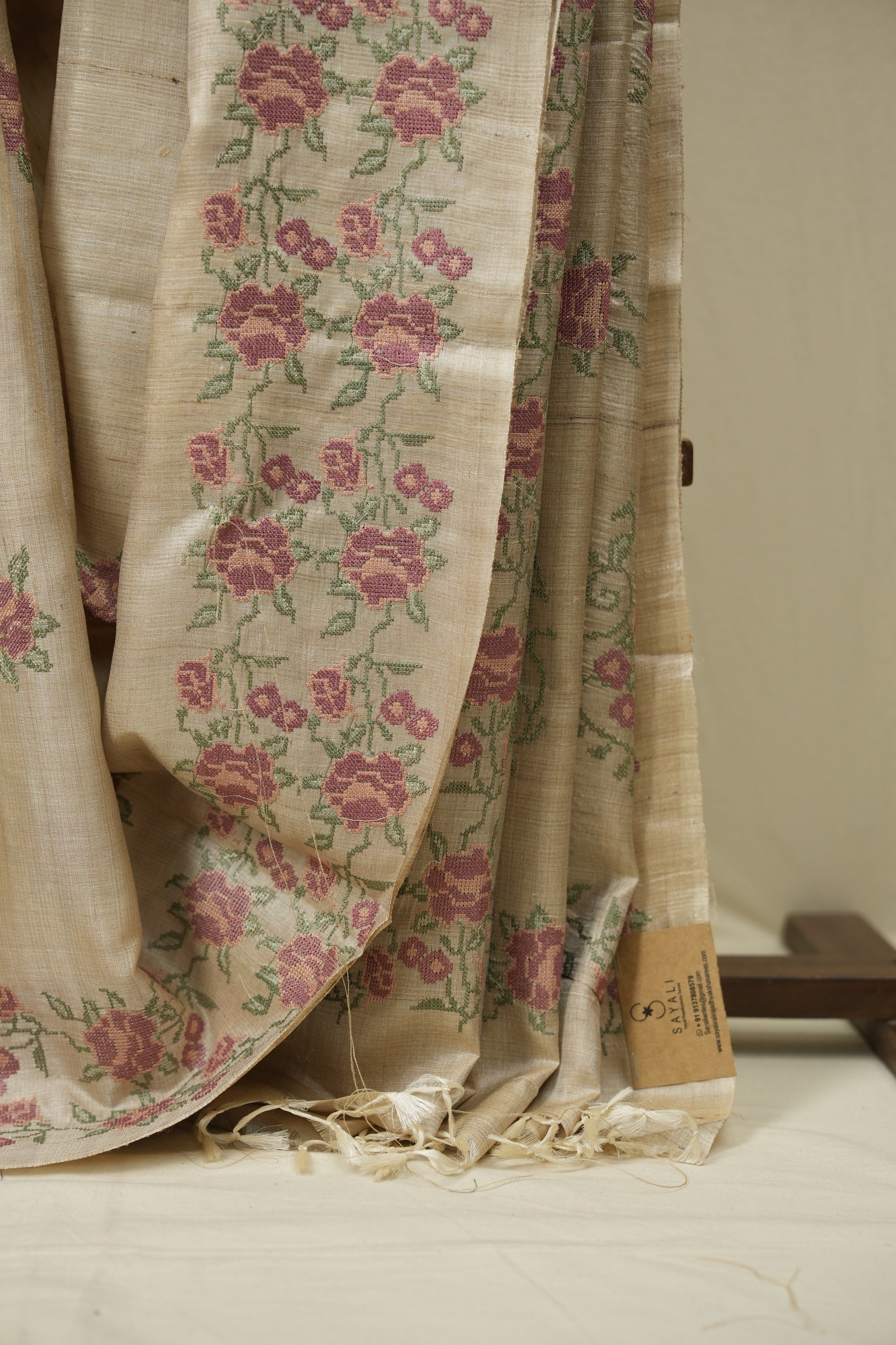 Cream Machine Embroidered Tussar Silk Saree - SRCMETSS1569