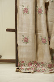 Cream Machine Embroidered Tussar Silk Saree - SRCMETSS1569