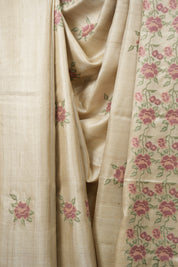 Cream Machine Embroidered Tussar Silk Saree - SRCMETSS1569