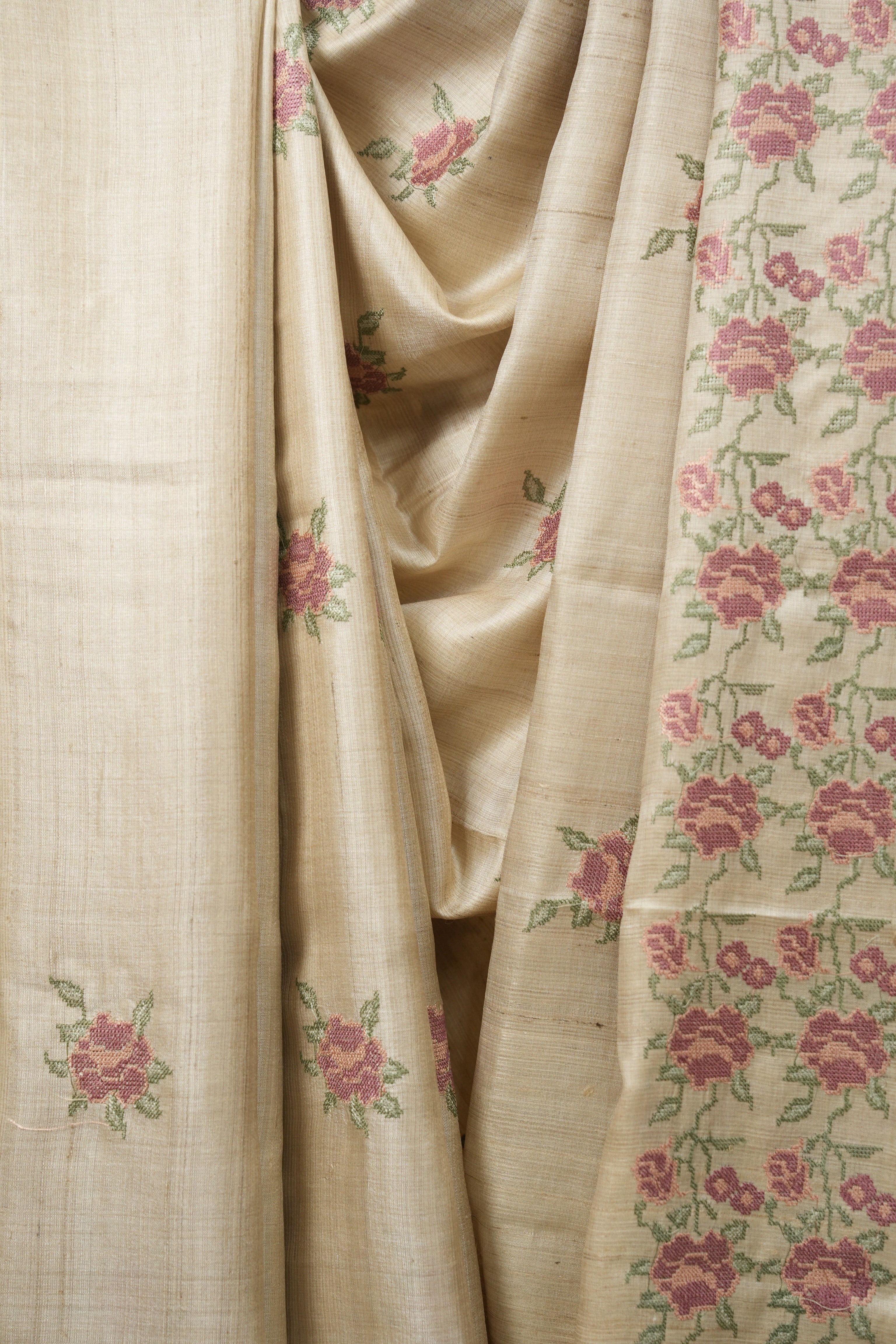 Cream Machine Embroidered Tussar Silk Saree - SRCMETSS1569