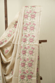 Cream Machine Embroidered Tussar Silk Saree - SRCMETSS1569