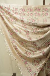 Cream Machine Embroidered Tussar Silk Saree - SRCMETSS1569