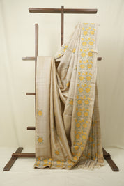 Cream Machine Embroidered Tussar Silk Saree - SRCMETSS1573