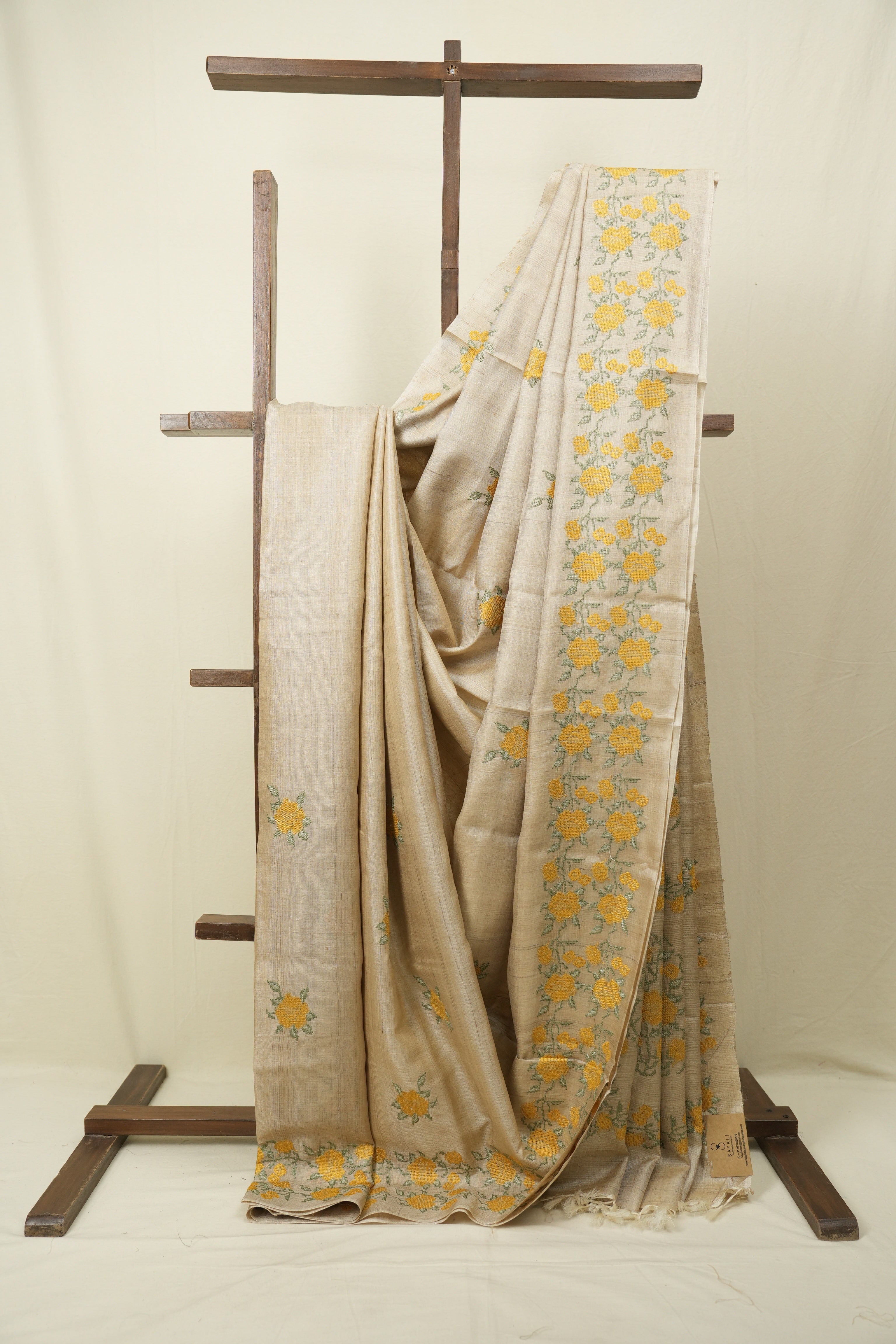 Cream Machine Embroidered Tussar Silk Saree - SRCMETSS1573