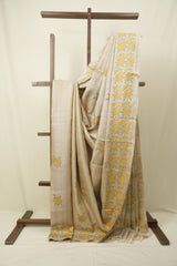 Cream Machine Embroidered Tussar Silk Saree - SRCMETSS1573