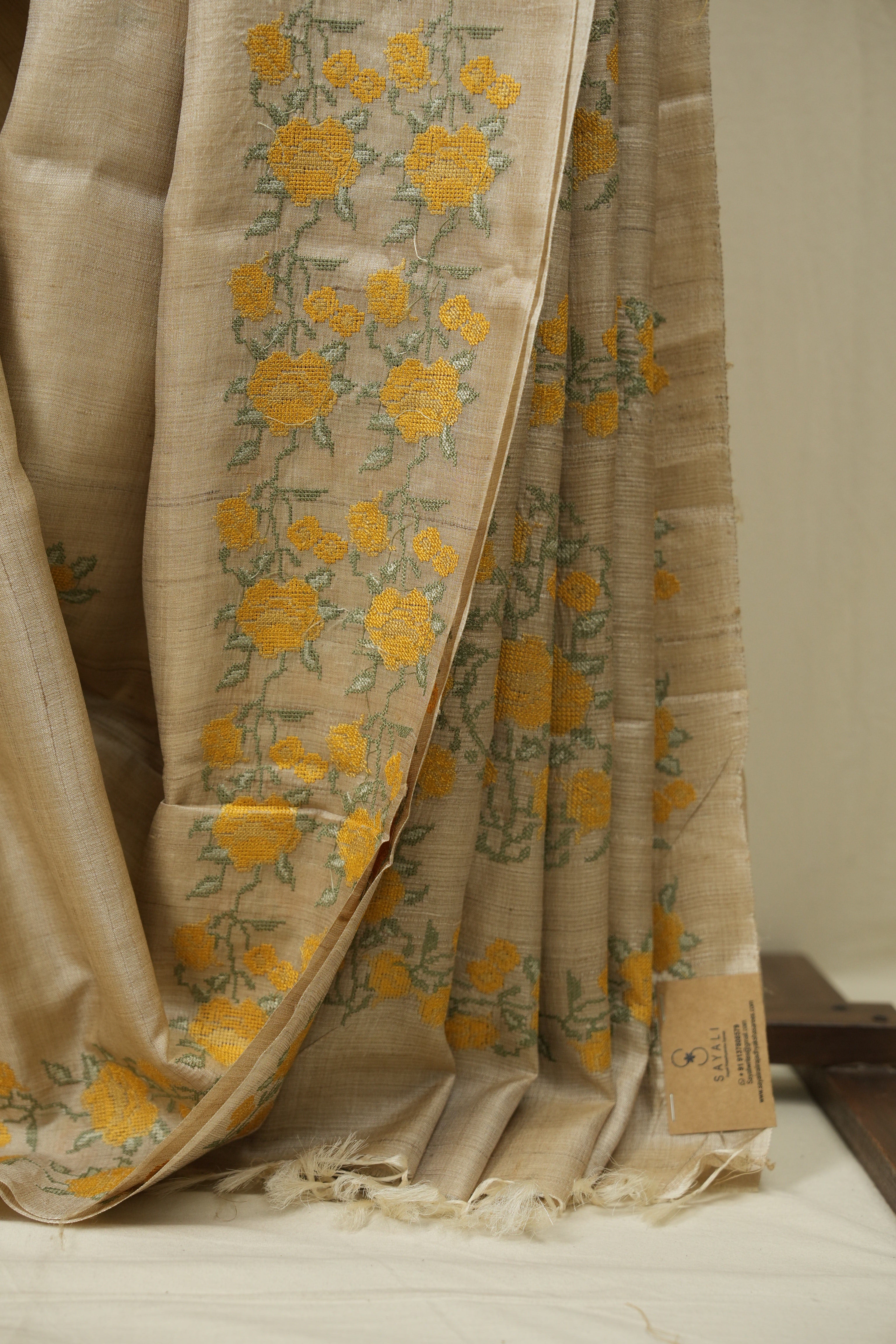 Cream Machine Embroidered Tussar Silk Saree - SRCMETSS1573