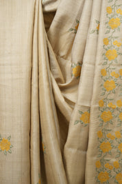 Cream Machine Embroidered Tussar Silk Saree - SRCMETSS1573