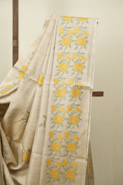 Cream Machine Embroidered Tussar Silk Saree - SRCMETSS1573