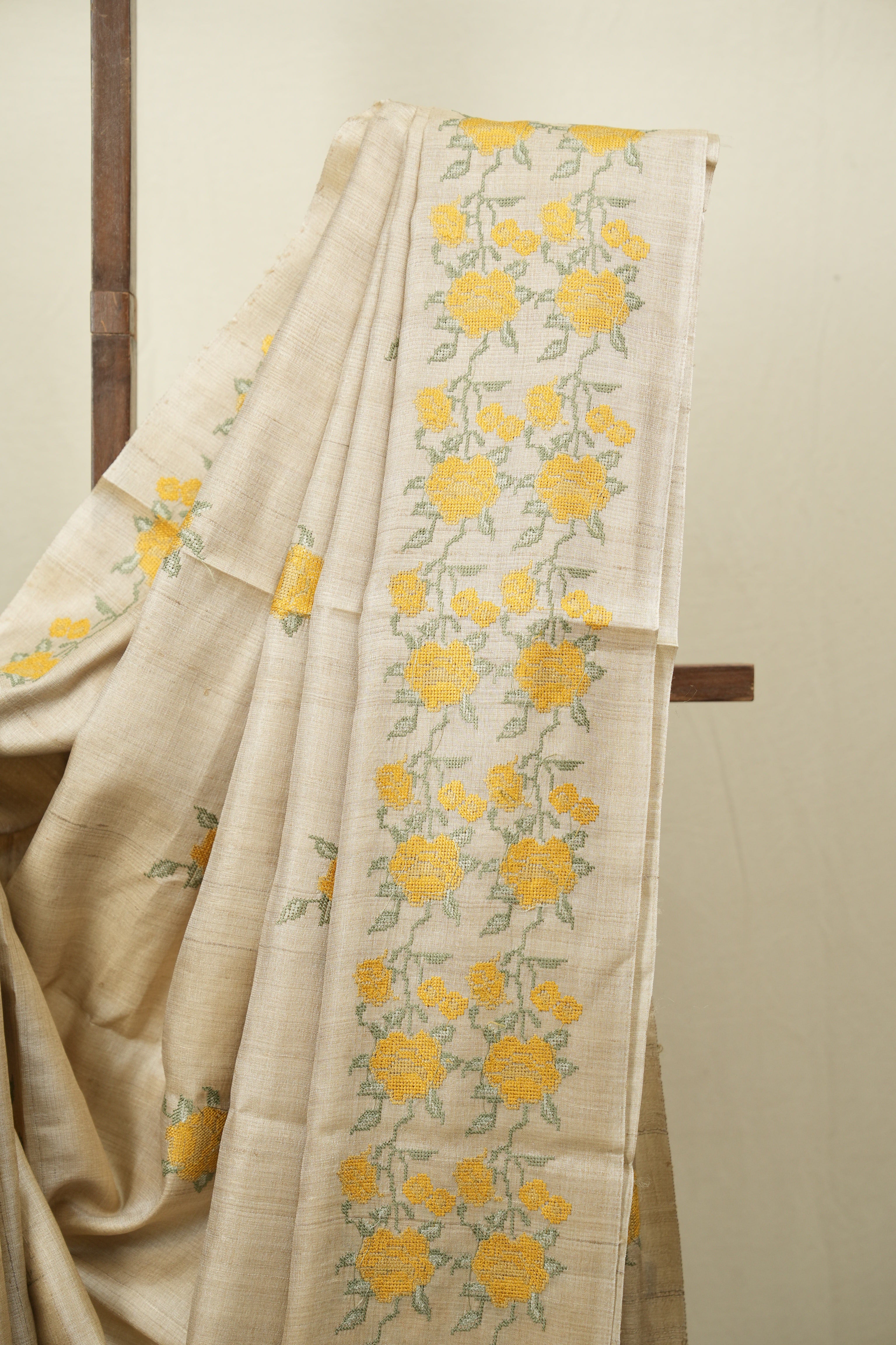 Cream Machine Embroidered Tussar Silk Saree - SRCMETSS1573