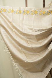 Cream Machine Embroidered Tussar Silk Saree - SRCMETSS1573