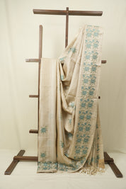Off White Machine Embroidered Tussar Silk Saree - SROWMETSS1571