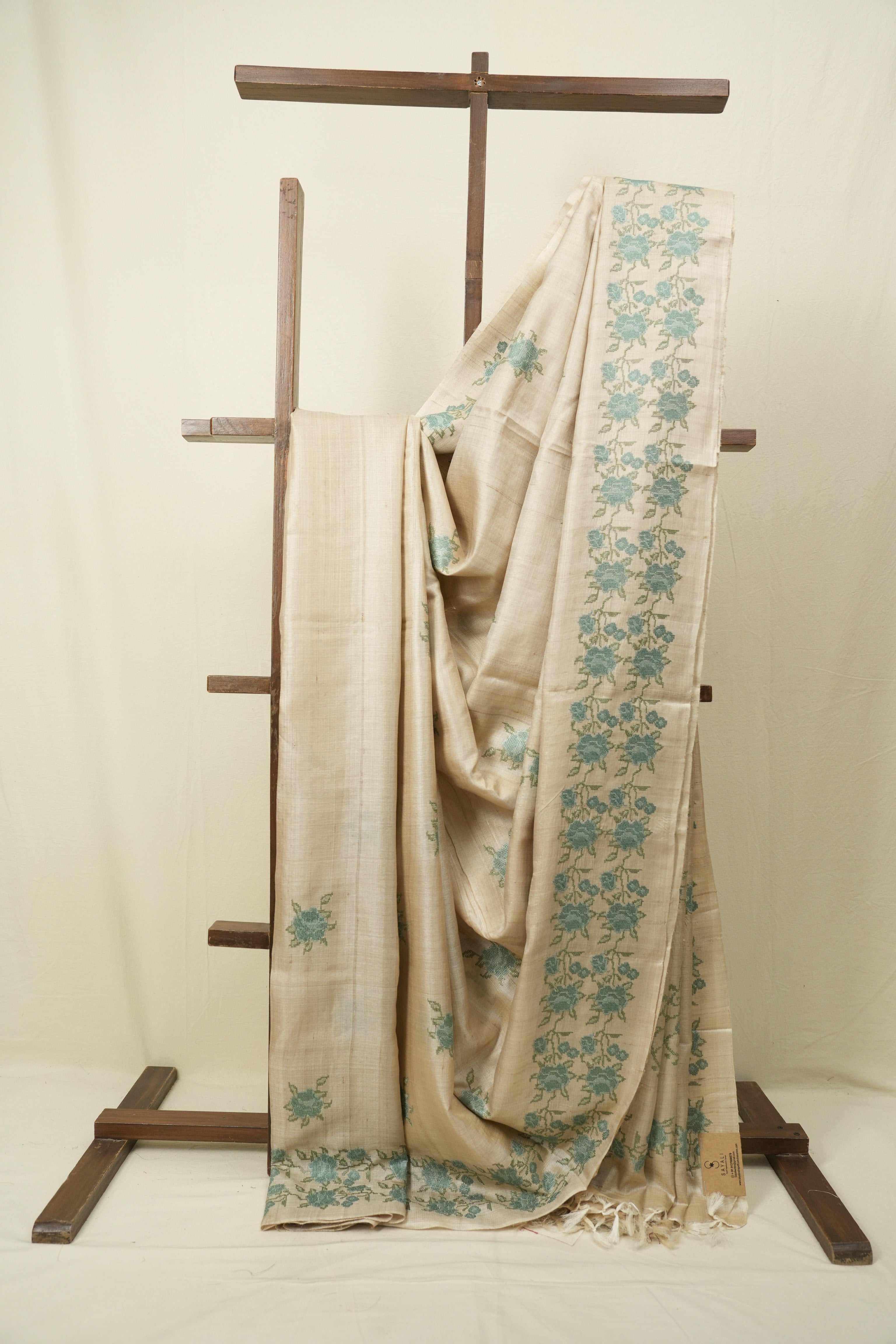 Off White Machine Embroidered Tussar Silk Saree - SROWMETSS1571