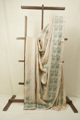 Off White Machine Embroidered Tussar Silk Saree - SROWMETSS1571