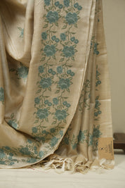 Off White Machine Embroidered Tussar Silk Saree - SROWMETSS1571