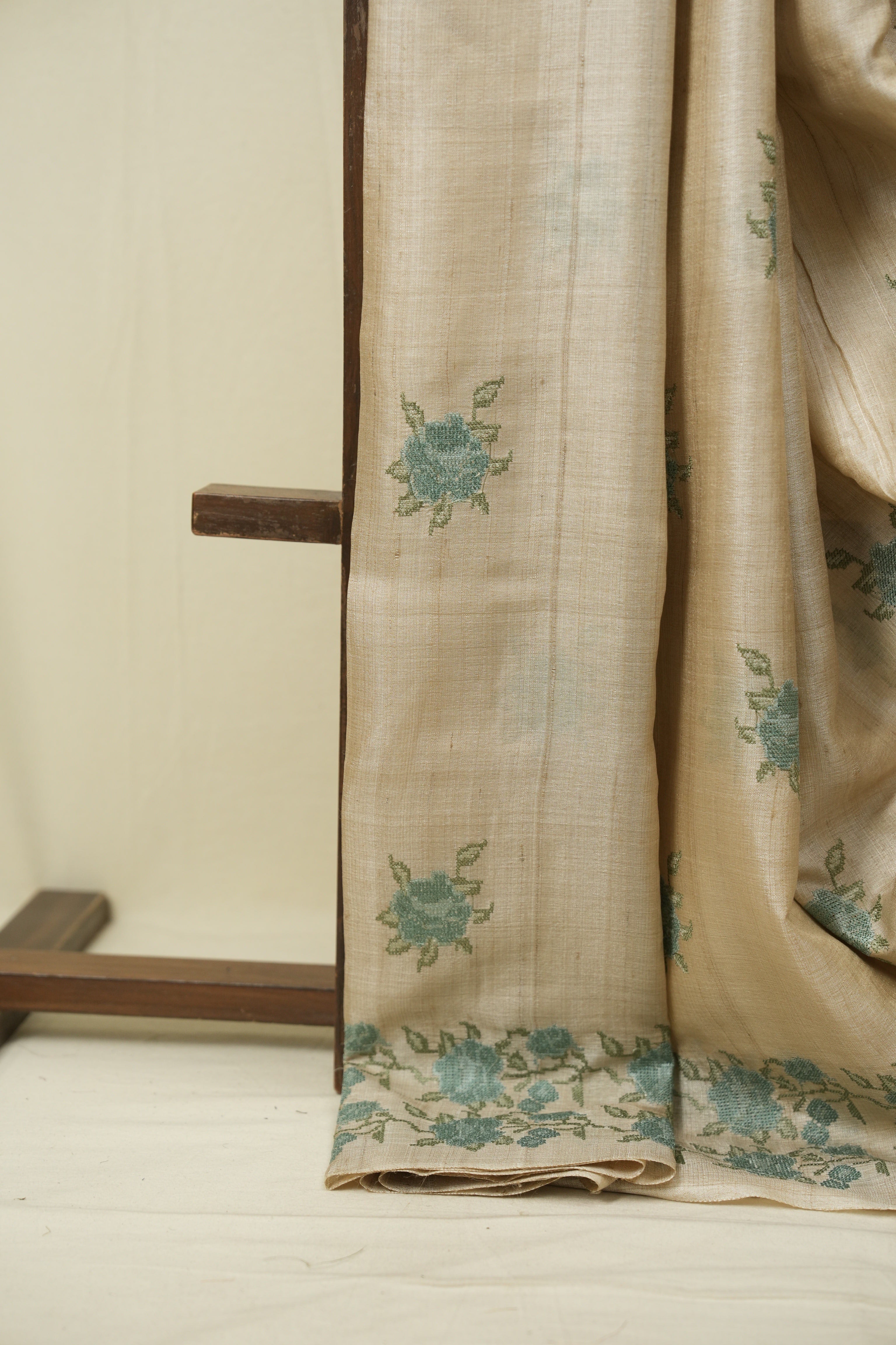 Off White Machine Embroidered Tussar Silk Saree - SROWMETSS1571