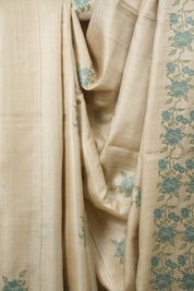 Off White Machine Embroidered Tussar Silk Saree - SROWMETSS1571