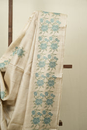 Off White Machine Embroidered Tussar Silk Saree - SROWMETSS1571