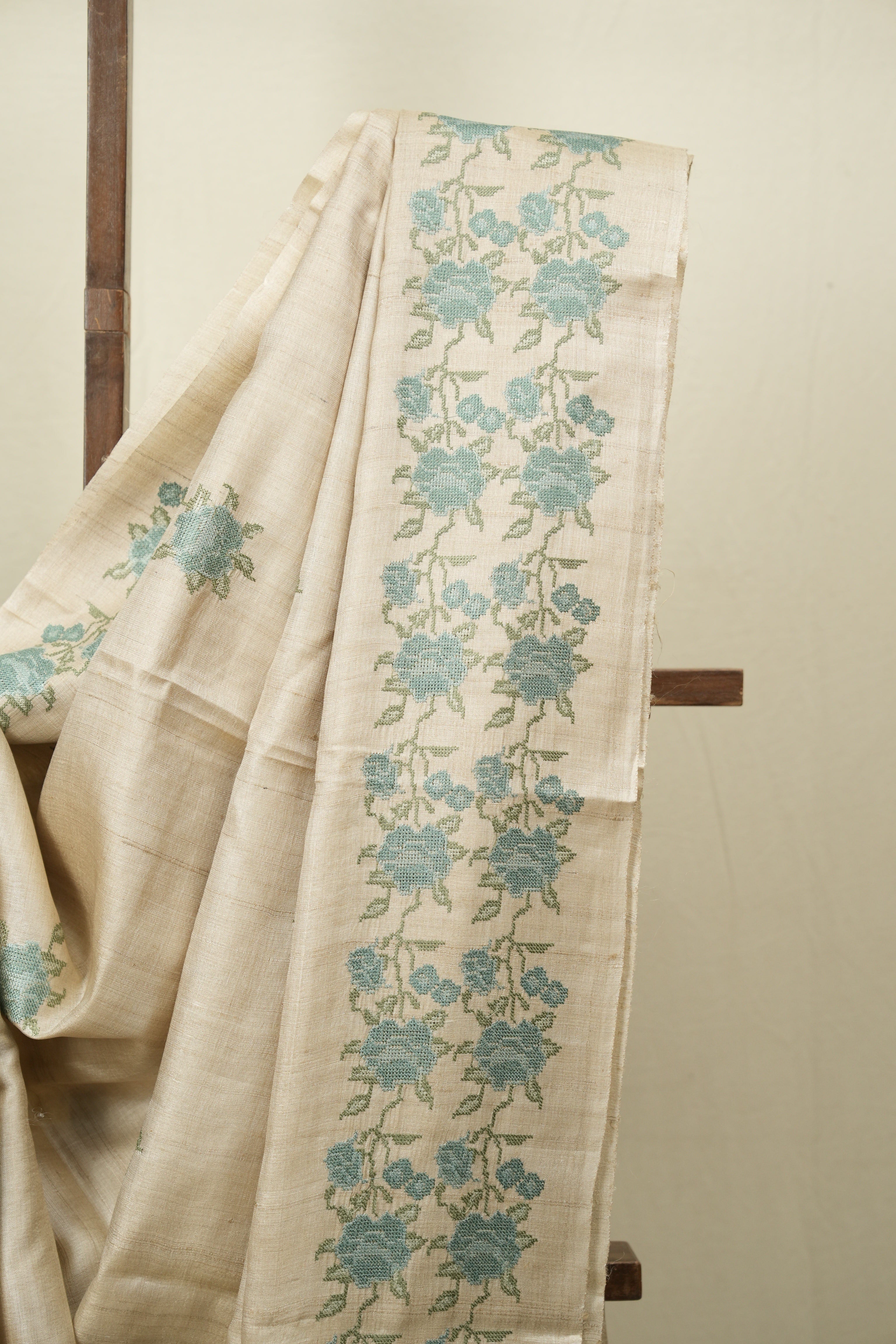 Off White Machine Embroidered Tussar Silk Saree - SROWMETSS1571