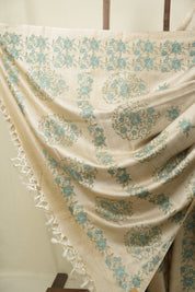 Off White Machine Embroidered Tussar Silk Saree - SROWMETSS1571