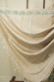 Off White Machine Embroidered Tussar Silk Saree - SROWMETSS1571