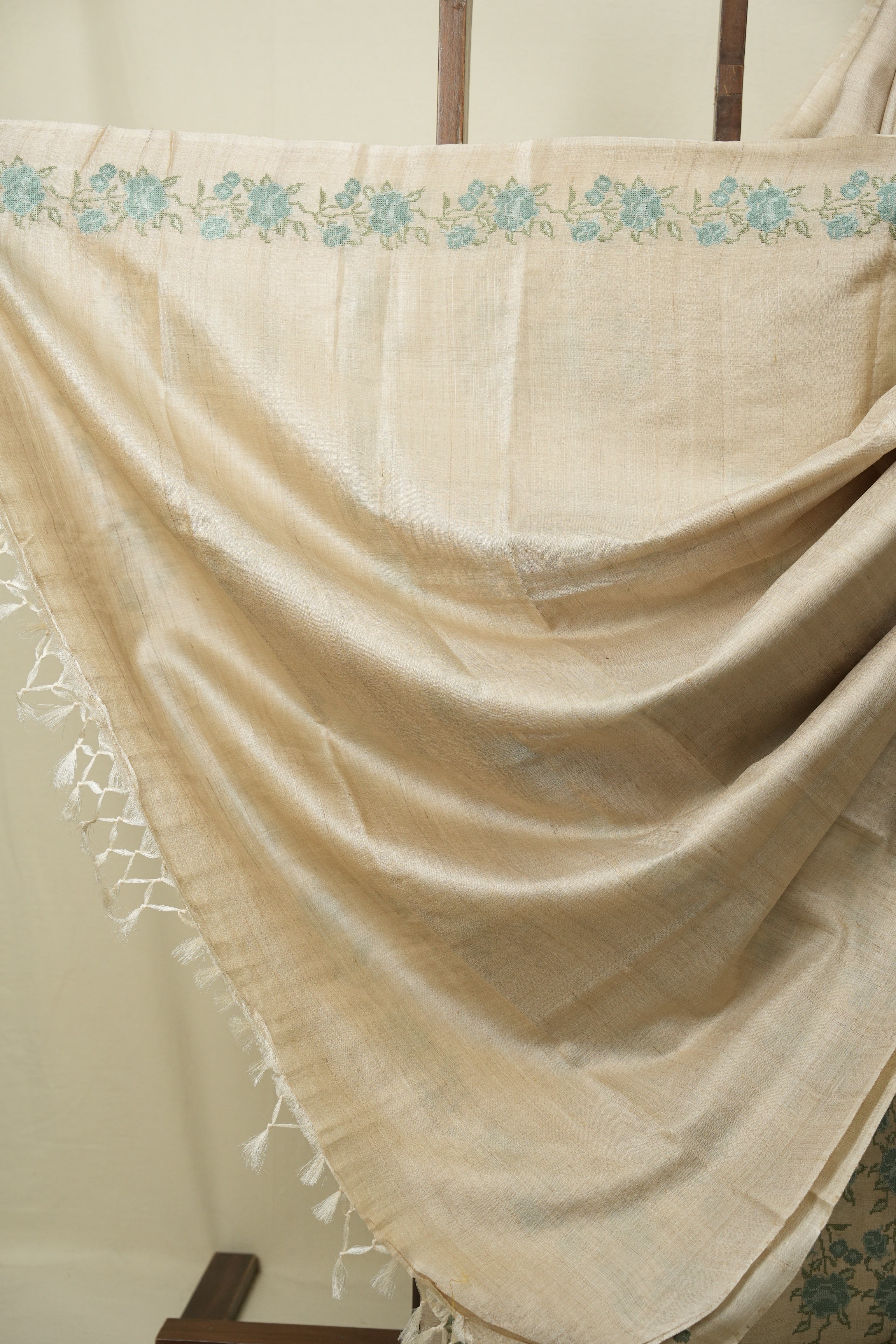 Off White Machine Embroidered Tussar Silk Saree - SROWMETSS1571
