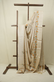 Cream Machine Embroidered Tussar Silk Saree - SRCMETSS1576