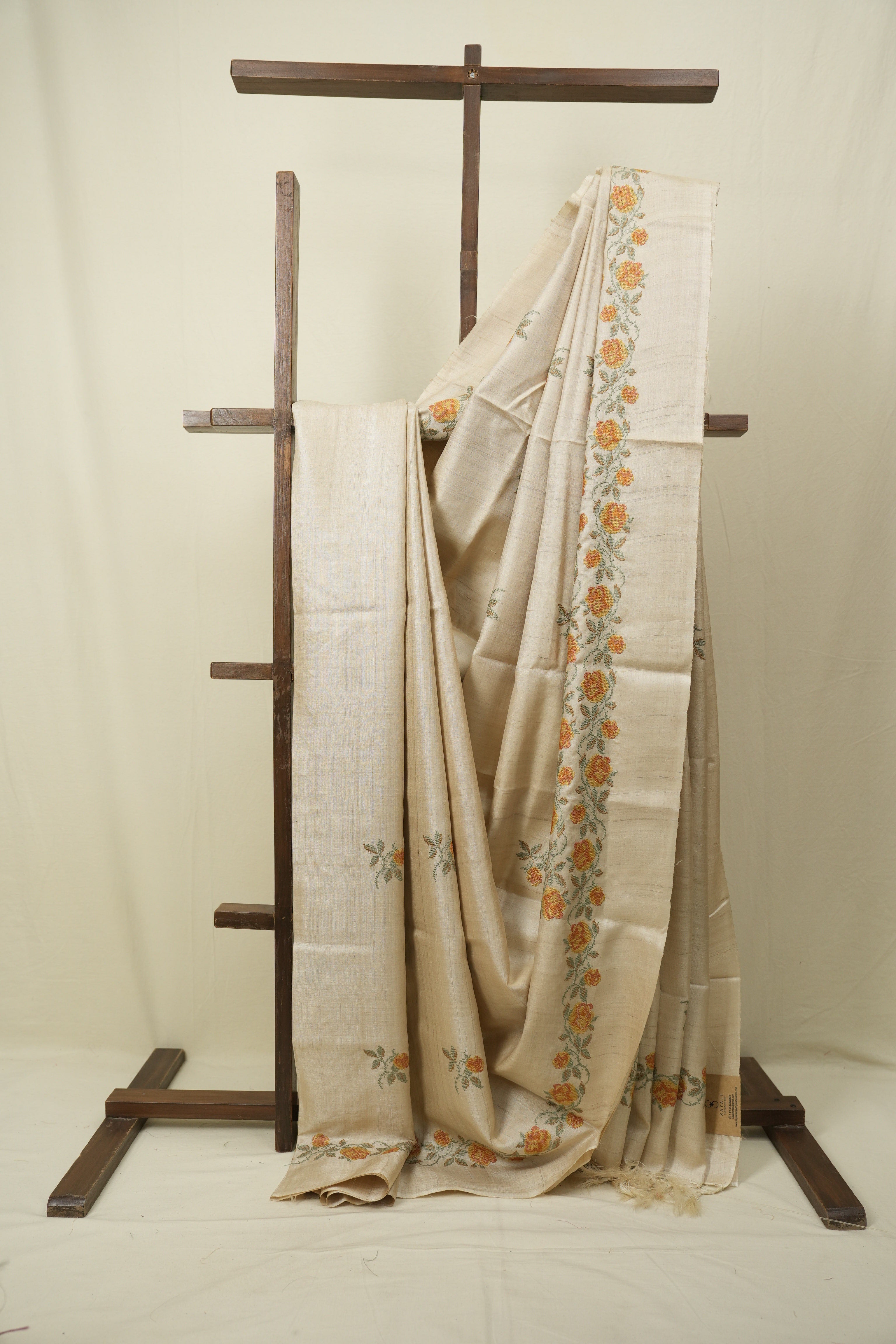Cream Machine Embroidered Tussar Silk Saree - SRCMETSS1576