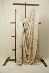 Cream Machine Embroidered Tussar Silk Saree - SRCMETSS1576
