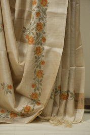 Cream Machine Embroidered Tussar Silk Saree - SRCMETSS1576