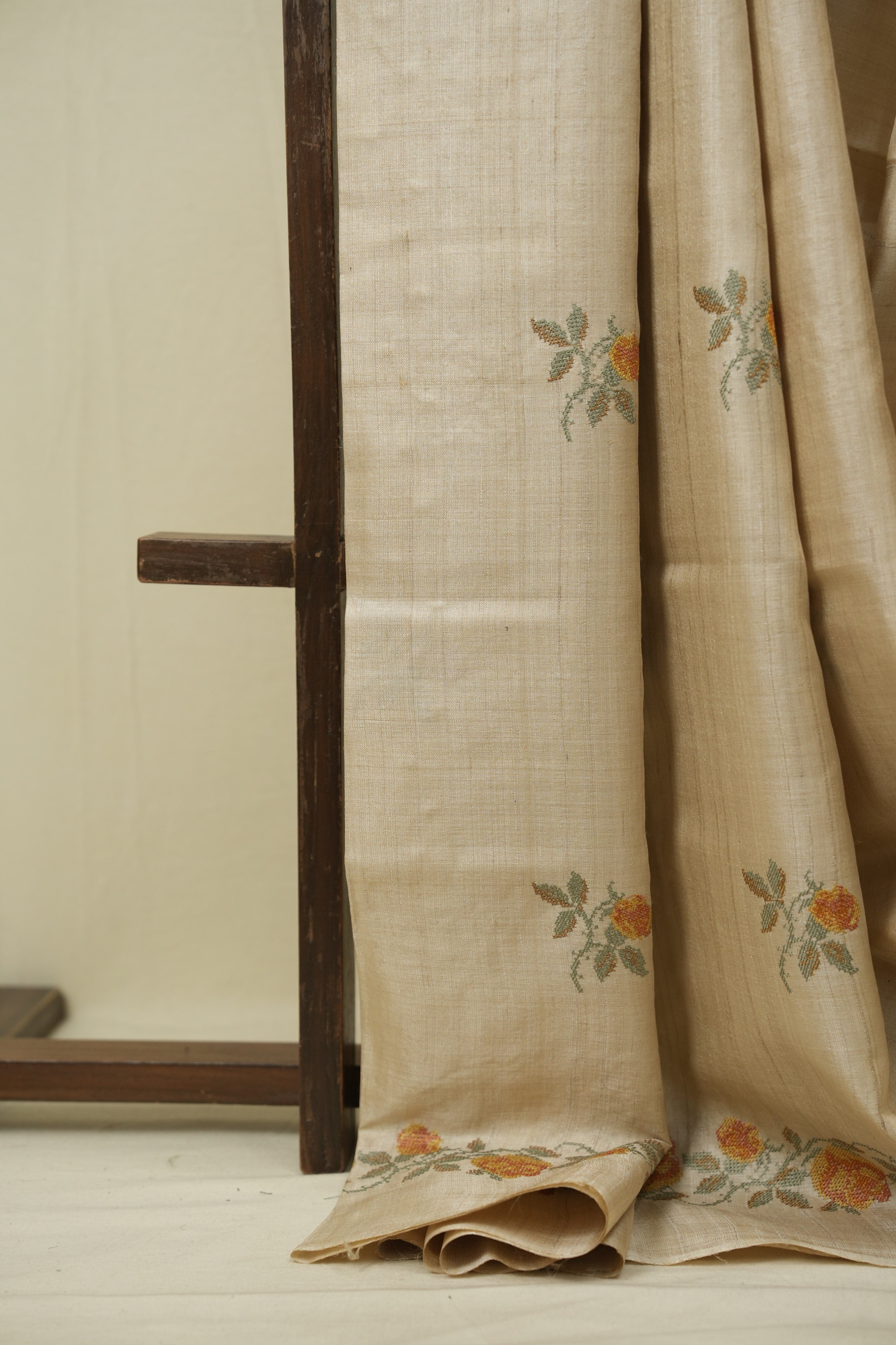 Cream Machine Embroidered Tussar Silk Saree - SRCMETSS1576