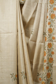 Cream Machine Embroidered Tussar Silk Saree - SRCMETSS1576