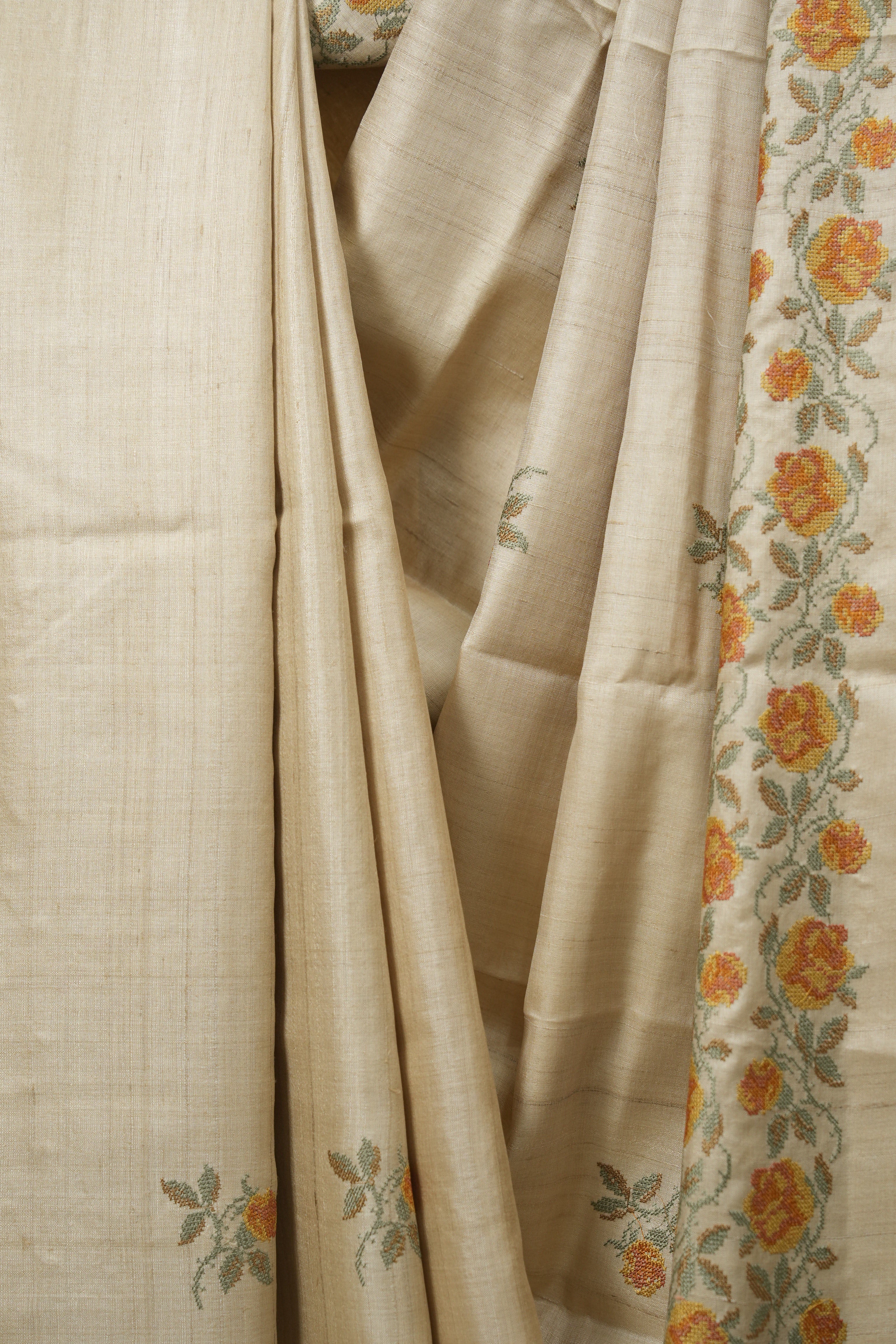 Cream Machine Embroidered Tussar Silk Saree - SRCMETSS1576