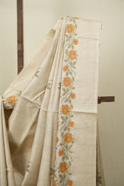 Cream Machine Embroidered Tussar Silk Saree - SRCMETSS1576