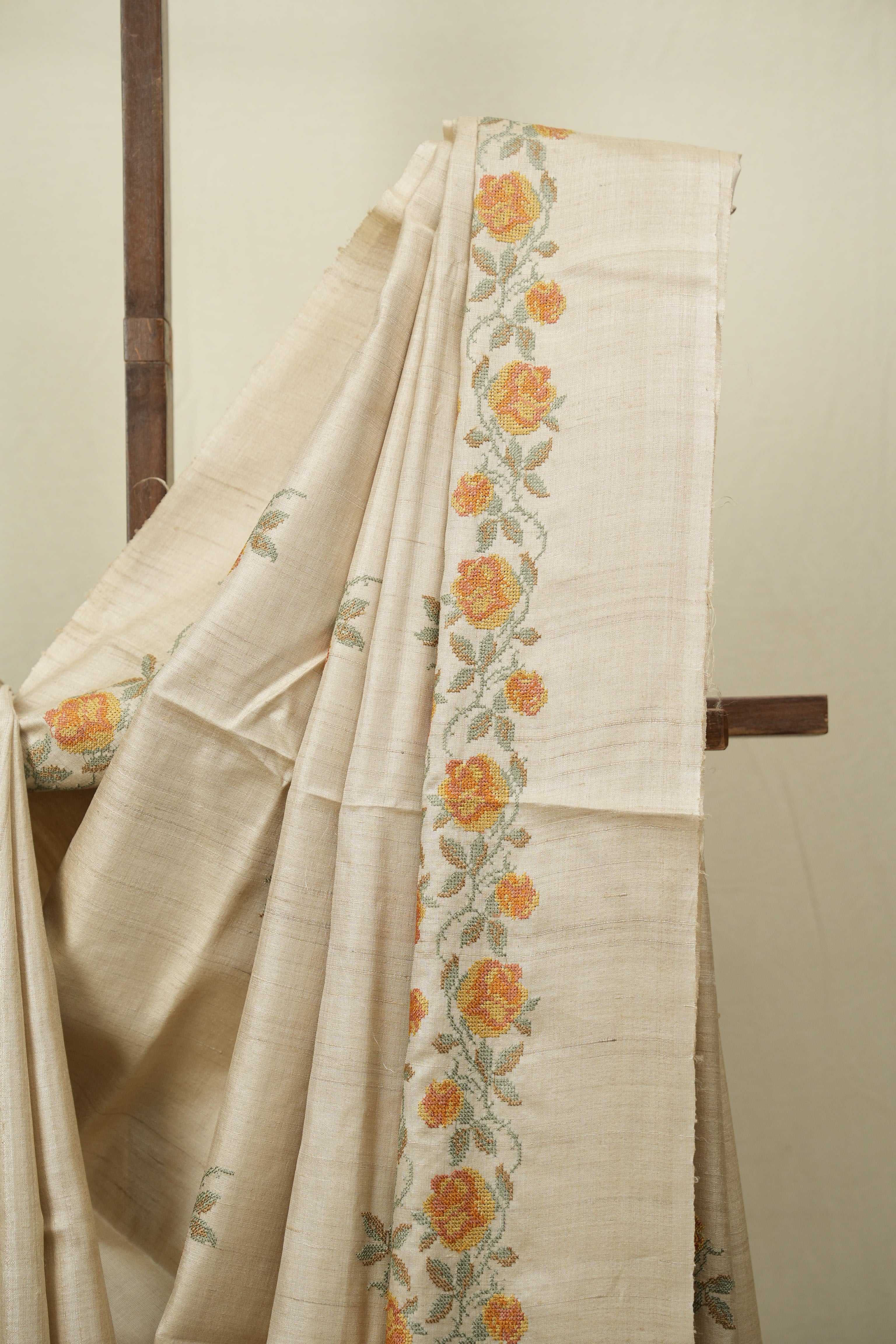 Cream Machine Embroidered Tussar Silk Saree - SRCMETSS1576