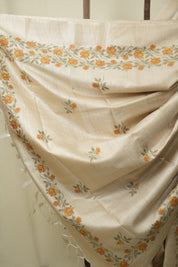 Cream Machine Embroidered Tussar Silk Saree - SRCMETSS1576