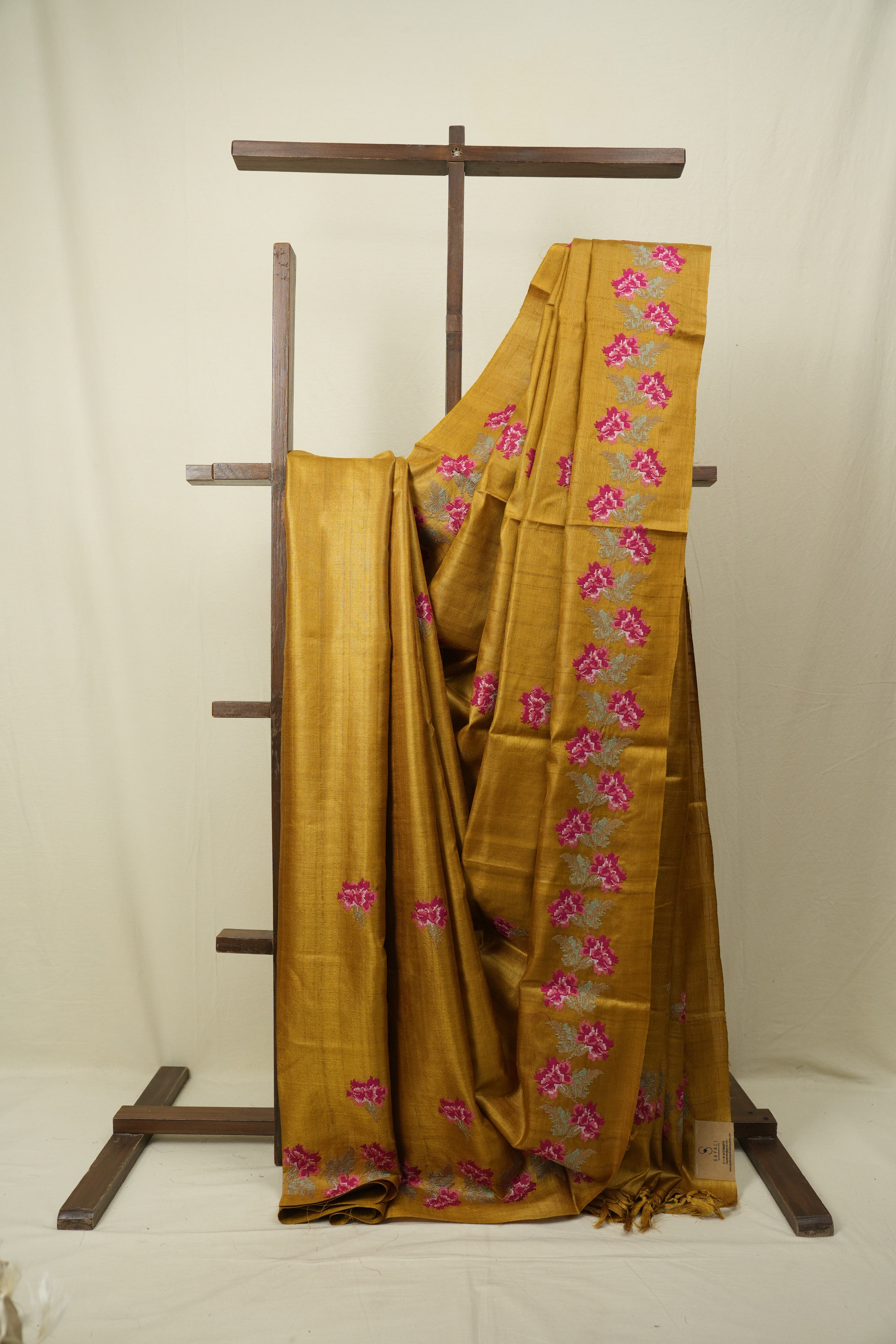Mustard Machine Embroidered Tussar Silk Saree - SRMMETSS1568