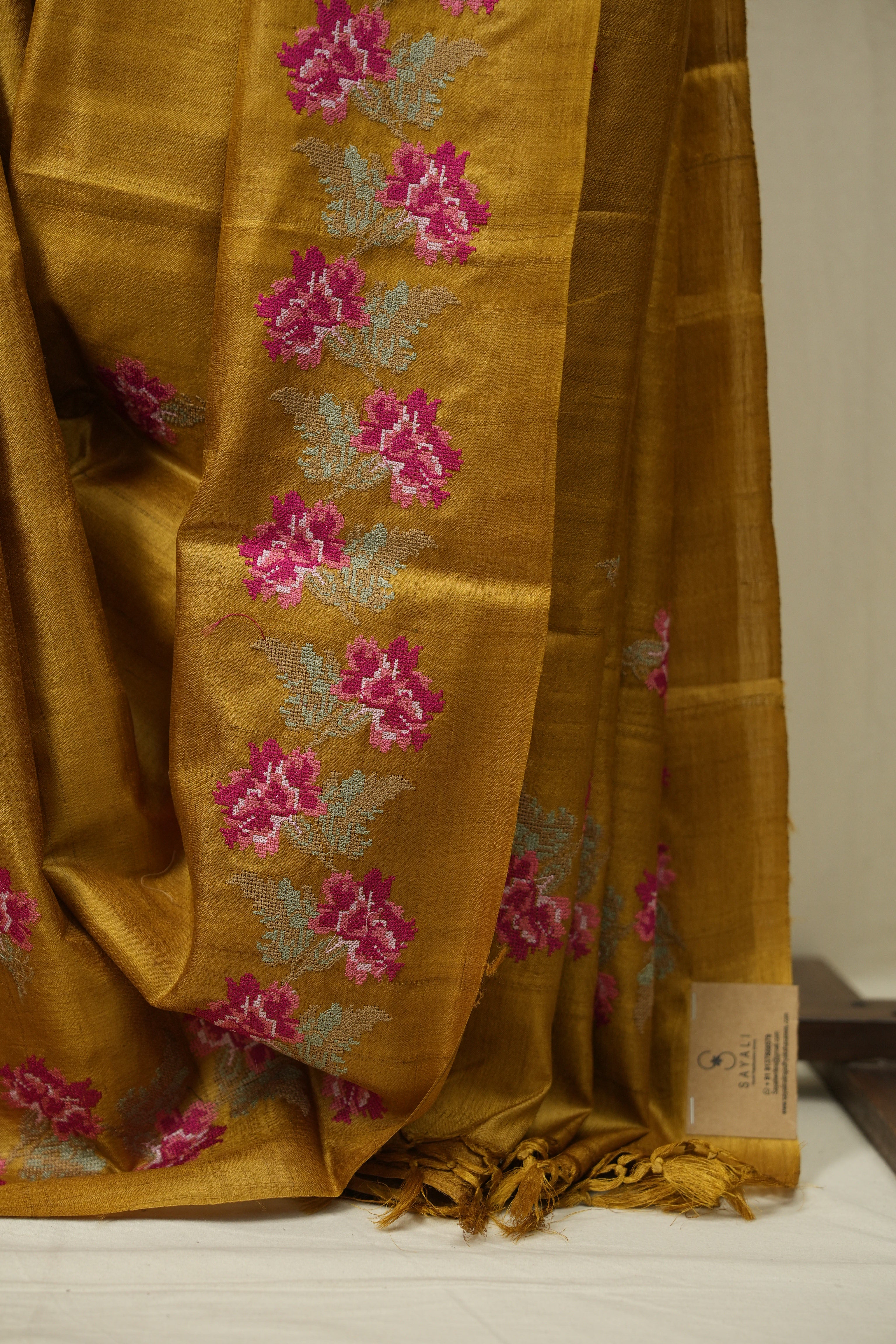 Mustard Machine Embroidered Tussar Silk Saree - SRMMETSS1568