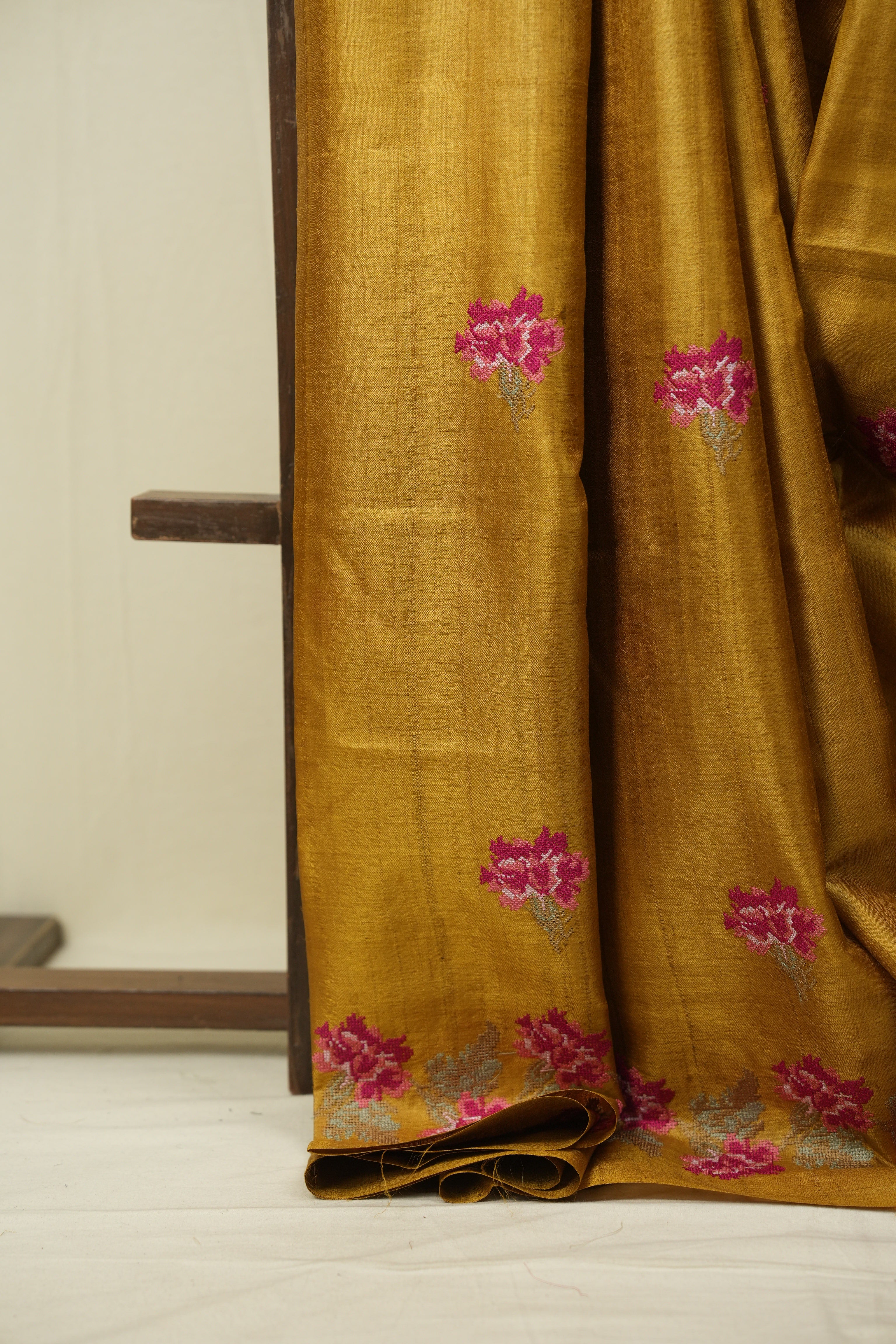 Mustard Machine Embroidered Tussar Silk Saree - SRMMETSS1568