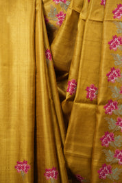 Mustard Machine Embroidered Tussar Silk Saree - SRMMETSS1568